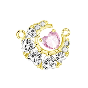 Detailed view of gold crescent moon pendant with clear crystals and pink heart stone