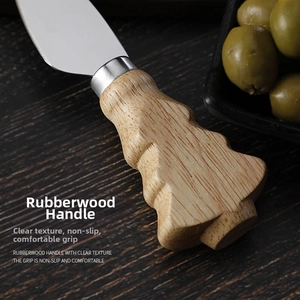 Macro shot of rubberwood Christmas tree handle with natural grain on a cheese knife