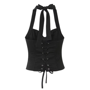 Sexy black halter corset top with front bow tie and lace-up back design on white background