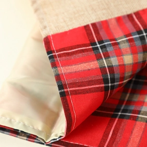Christmas table runner with blue truck and red buffalo plaid linen for holiday decor