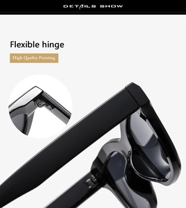 Detail show of durable flexible hinge and high quality painting on black sunglasses