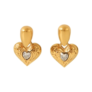 18k gold plated stainless steel heart drop earrings with zircon and hammered texture