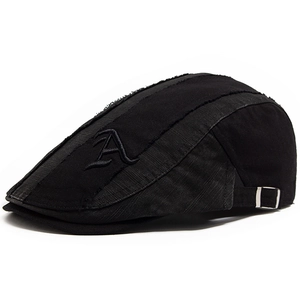 Black cotton beret with letter A embroidery and adjustable metal buckle
