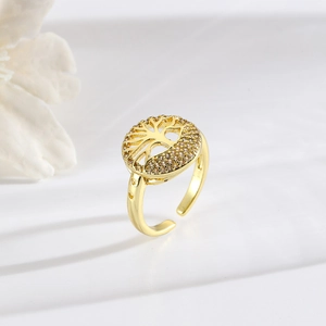 Adjustable gold Tree of Life ring with sparkling zircon stones and hollow heart design