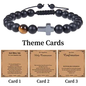 Handmade religious beaded bracelet with cross charm and three themed gift cards set