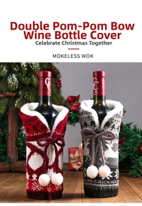Close-up of knitted Christmas wine bottle covers with faux fur trim and pom-poms