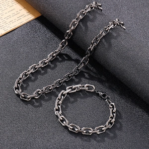 Ensemble collier et bracelet vintage en acier inoxydable argent mat style hip hop