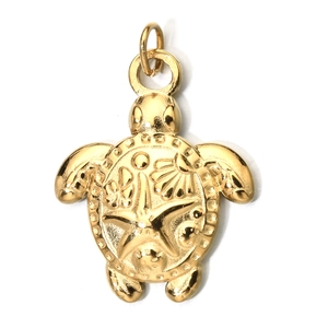 Polished gold sea turtle pendant featuring detailed starfish and seashell engravings