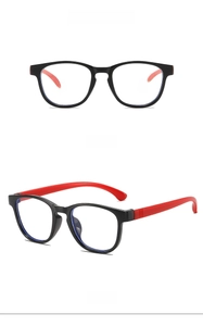 Front and side view of black frame kids blue light blocking glasses with red temples