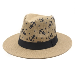 Chapeau de paille fedora avec motif ancre marine et ruban noir pour l'été