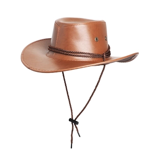 Classic brown PU leather western cowboy hat with braided rope and adjustable chin strap