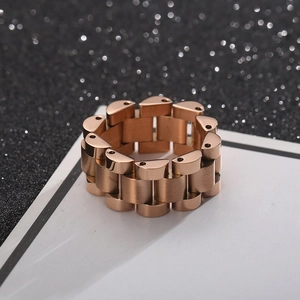 Rose gold stainless steel watch band style ring with hip hop chain link design