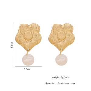 Detail view of gold flower earrings with white pearls and stainless steel dimensions