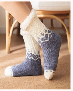 Detail view of winter floor socks with blue snowflake patterns and thick plush lining