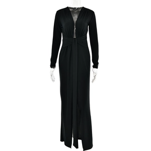 Robe longue noire élégante à col en V profond, manches longues et fente haute sexy