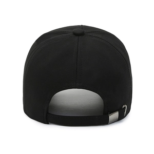 Rear view of classic black cotton baseball cap with adjustable silver metal buckle