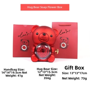 Red bear jewelry gift box set with rotating soap rose and matching shopping bag
