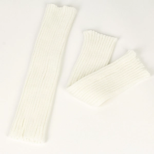 Detailed view of white cable knit leg warmers showing vertical ribbed texture and elastic cuff