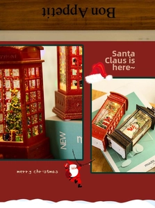 Macro detail of Christmas lanterns showing glitter swirling and Santa Claus inside