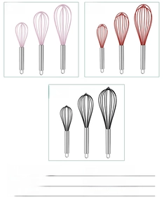 Detail view of colorful silicone whisks in 8, 10, and 12-inch sizes with steel handles