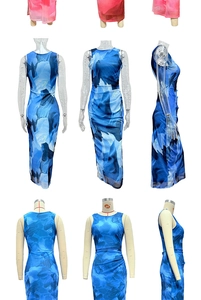 Detailed front and back view of blue abstract print slim-fit sleeveless mesh dress