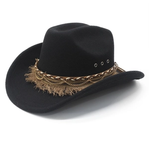 Western Cowboy Hat Bohemian Felt Tassel Metal Chain Retro Ethnic Style Wide Brim Fedora For Men Women
