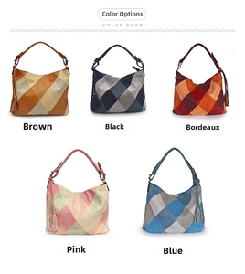 Detail view of five patchwork PU leather shoulder bags with tassel charms in multiple colors