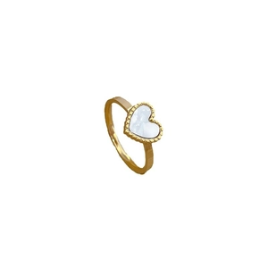 Minimalist gold heart ring with white mother of pearl inlay and beaded edges for women