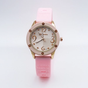 Detailed front view of pink fashion watch 3733-1 with golden case and beige dial