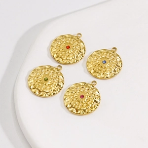 Hammered Round Pendants Stainless Steel 14K Gold Plated Colorful Rhinestone Charms For DIY Jewelry Making French Style
