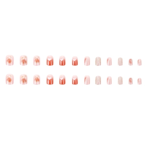 Short press-on nails set with pink gradient, rose patterns and heart glitter designs