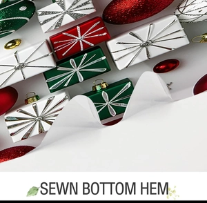 Detailed close-up showing the high-quality sewn bottom hem of a Christmas shower curtain
