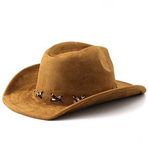 Detail of brown faux suede western cowboy hat with decorative cross-stitch band
