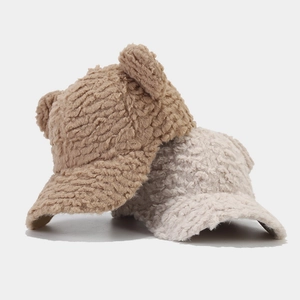 Chic women's plush baseball cap with cute bear ears in khaki and beige fleece