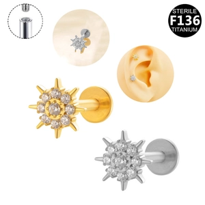 G23 titanium snowflake labret stud with zircon stones and internal threading