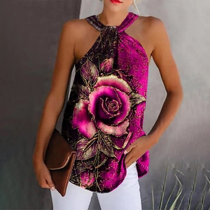 Halter neck sleeveless top with large rose floral print and gold glitter accents