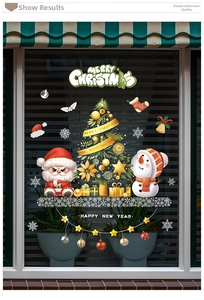 Detail of Christmas window stickers with Santa, snowman and Merry Christmas lettering
