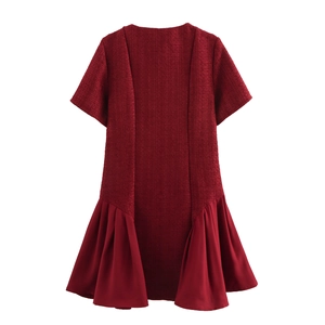 Elegant red tweed dress for women with short sleeves and ruffled patchwork hemline