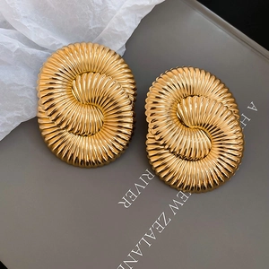 Macro detail of gold spiral shell earrings with textured radial fold pattern and metal finish