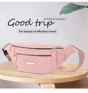 Close-up of pink PU sports waist bag featuring double gold zippers and a fashion logo