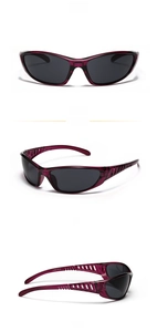 Three-angle views of cherry red Y2K wraparound sunglasses with grey lenses and CE mark