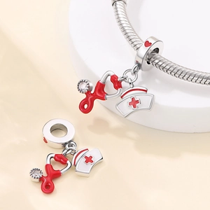 Silver nurse charms set with red heart stethoscope and medical hat pendants for bracelets