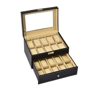 20-slot double layer black PU leather watch box with glass lid and drawer storage
