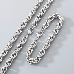 Close-up of silver stainless steel twisted chain set with textured finish and lobster clasp