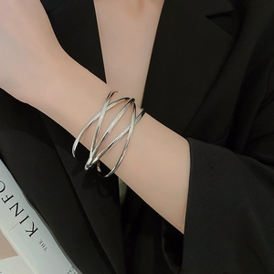 Modern minimalist silver multilayer crisscross open cuff bracelet with polished finish