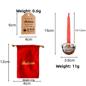 Detail of Christmas iron bell set with red velvet pouch and 'Believe' gift tags