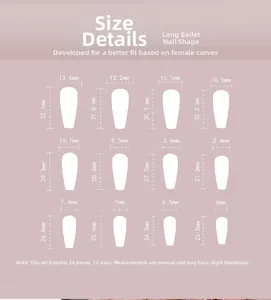 Size chart for long ballerina press-on nails showing 12 different widths and lengths