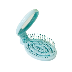 Portable light blue folding hairbrush with integrated mirror and cushioned bristles