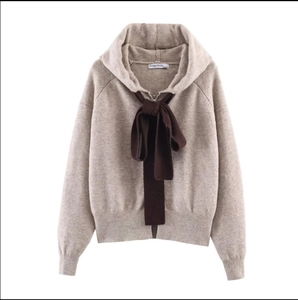 Women's oatmeal knitted hoodie cardigan with dark brown bow drawstring and zipper closure