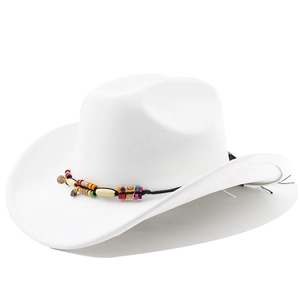 Detail of white suede cowboy hat featuring colorful ethnic style beaded trim and wide brim